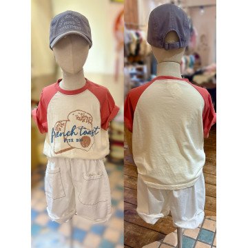 法式吐司插畫撞色連肩袖上衣