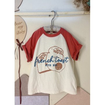 法式吐司插畫撞色連肩袖上衣