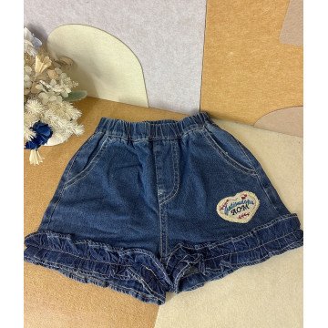 甜美荷葉邊心型刺繡牛仔短褲