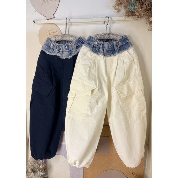 假兩件丹寧拼接工裝褲(黑)